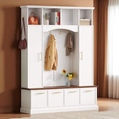 59 in Farmhouse Hall Tree with Golden Hooks & Handles, Walnut Bench, Adjustable Shelves, 76.7 in H Entryway Organizer