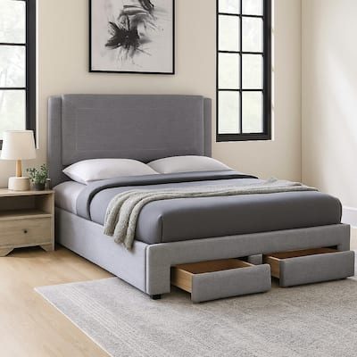 Fina Full Size Bed w Storage Footboard, Gray Faux Linen Upholstery