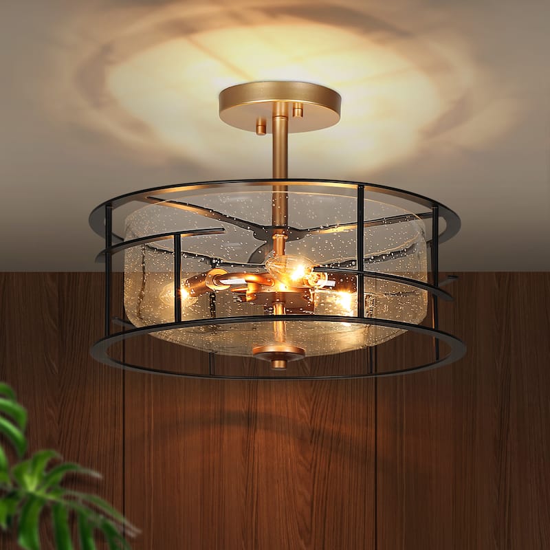 3-Light Black Gold Modern Drum Semi Flush Mount Seeded Glass Ceiling Lights - 14 " D × 13 " H