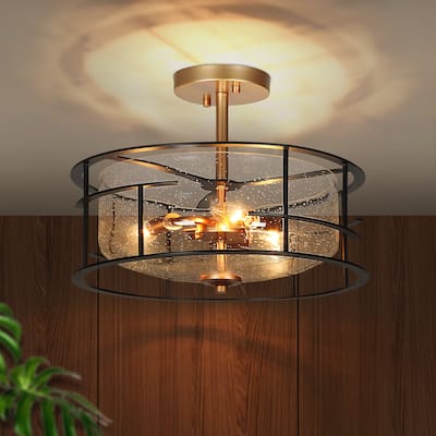 3-Light Black Gold Modern Drum Semi Flush Mount Seeded Glass Ceiling Lights - 14 " D × 13 " H