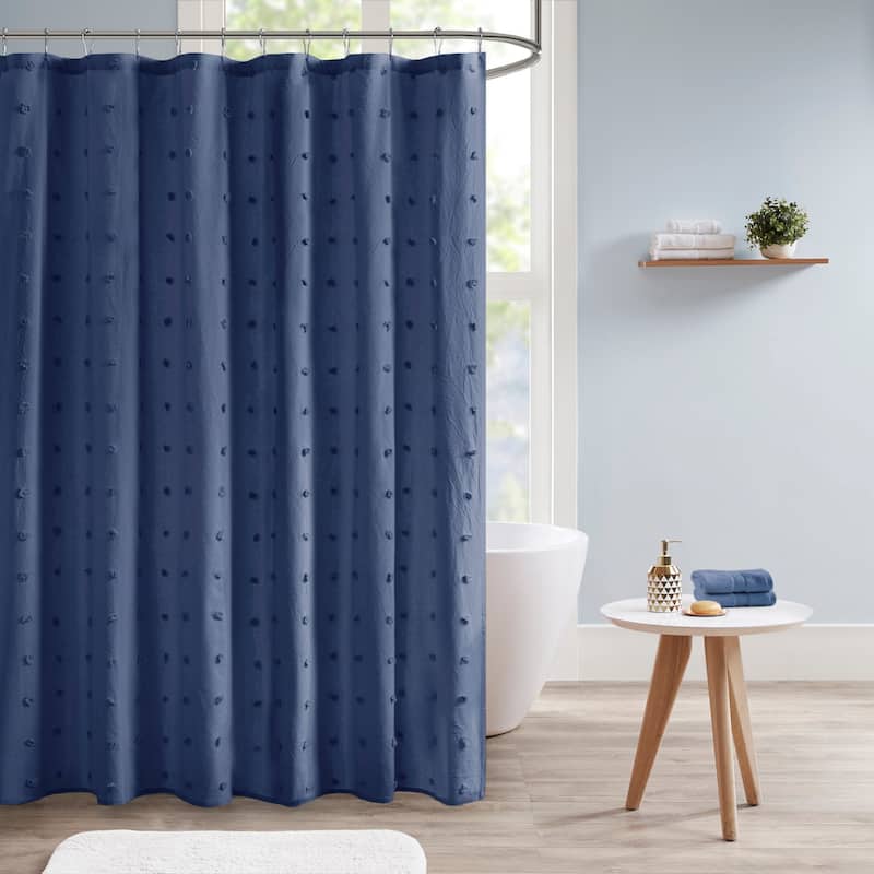 Intelligent Design Maize Cotton Jacquard Pom Pom Shower Curtain - Indigo Blue