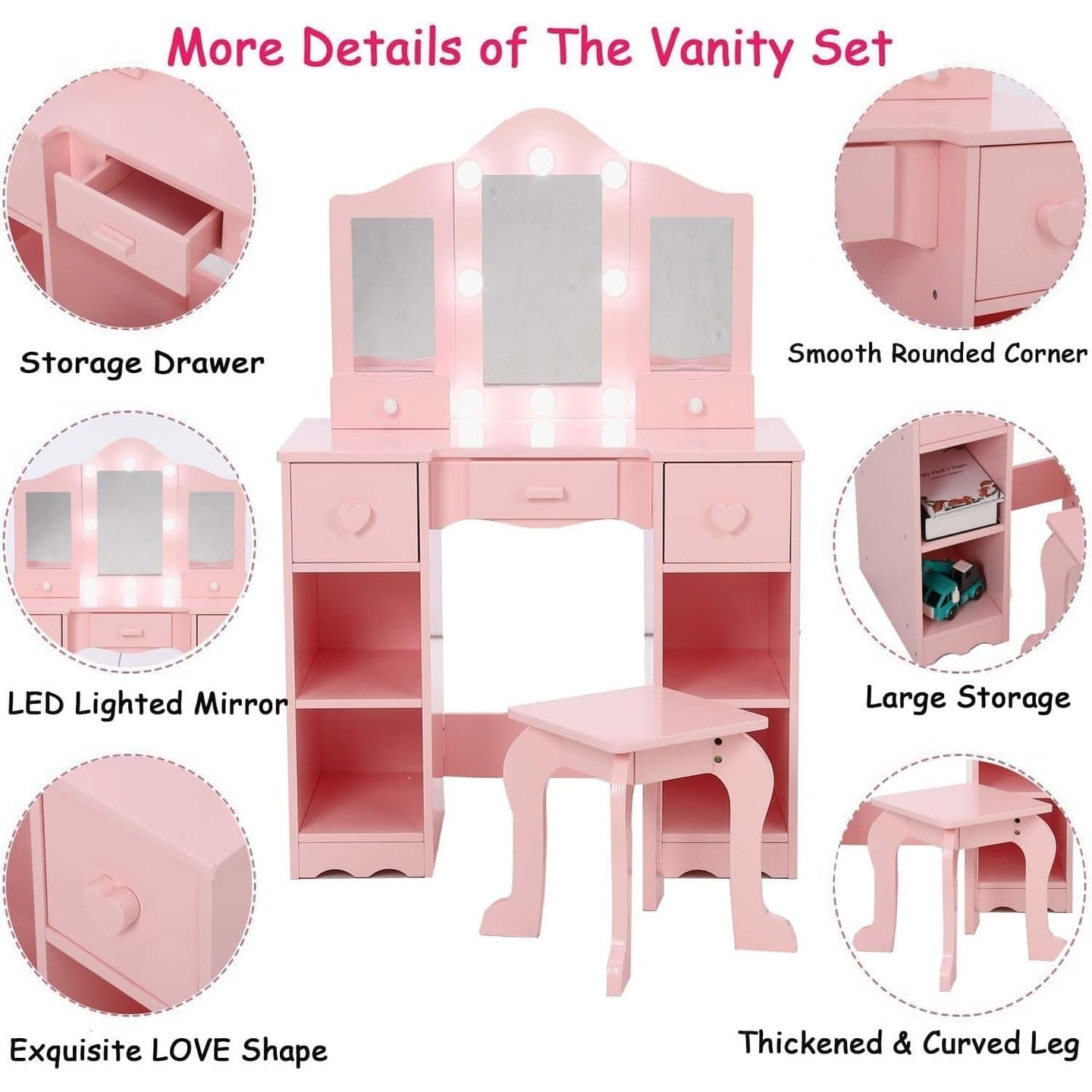 Kids Vanity Girls Vanity Table with Tri Folding Mirror Light Stool Drawer Pink