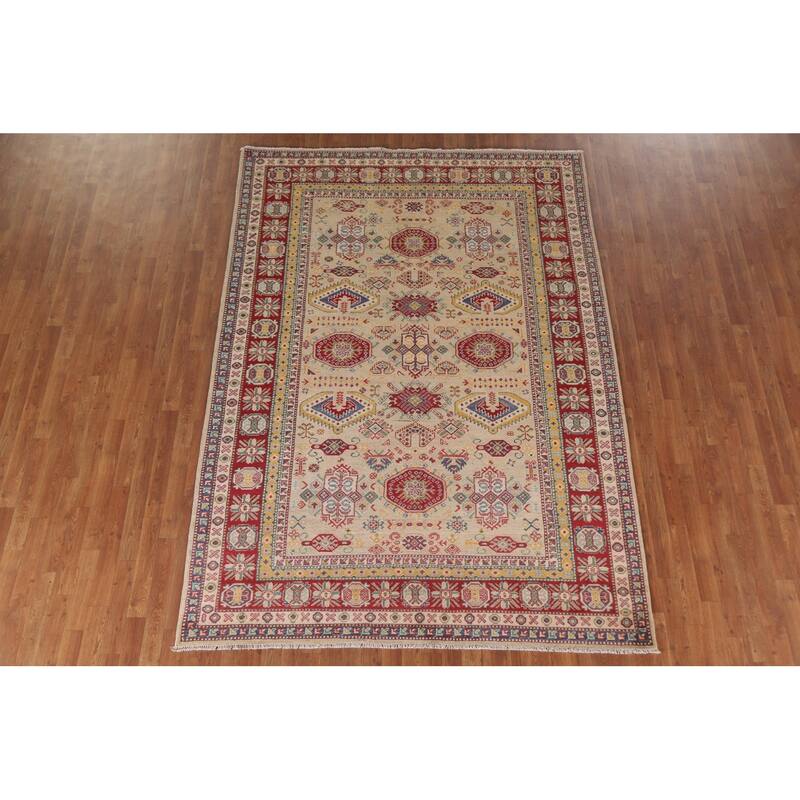 Hand Knotted Oriental 100% Wool Carpet Traditional Tribal Beige & Ivories Kazak Area Rug - 9' 6'' X 6' 9''