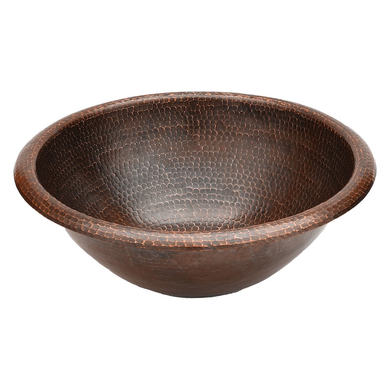 17" Round Self Rimming Hammered Copper Bathroom Sink, Matching Drain and Accessories