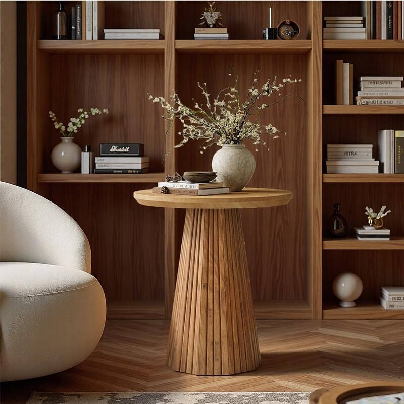 19" Solid Wood Small Round Pedestal End Side Table with Fluted Base - 19.68" W x 19.68" D x 23.62" H