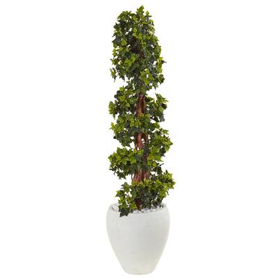 4' English Ivy Topiary Tree in White Oval Planter UV Resistant (Indoor/Outdoor)