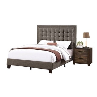Zofi Modern Queen Size Bed, Deep Square Tufted Upholstery, Taupe Polyester