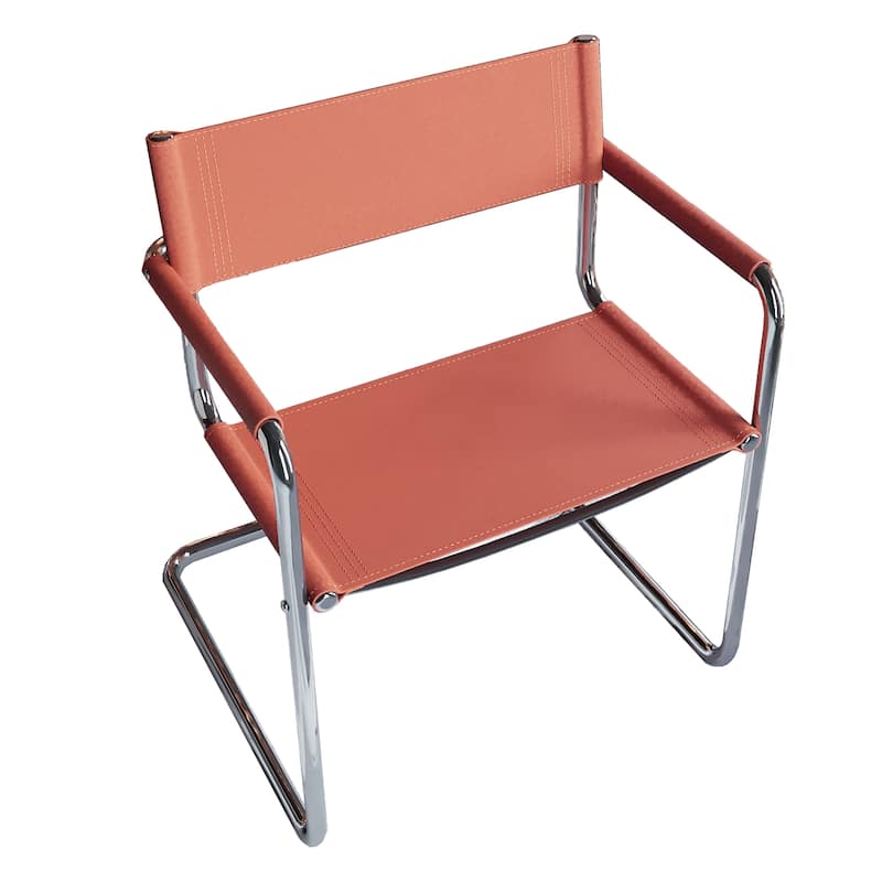HomeRoots 23" Silver And Terra Cotta Leather and Stainless Steel Arm Chair - 22.95 in. x 31.30 in. x 23.62 in.