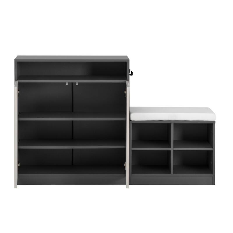 Entryway Bench Cabinet With Cushion, 2 Doors and 3-Tier Adjustable Shelves for Entryway Organization