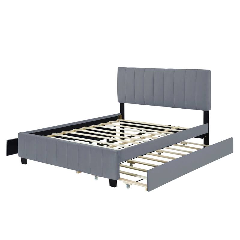 Gray Queen Velvet Upholstered Platform Bed with Drawers & Trundle