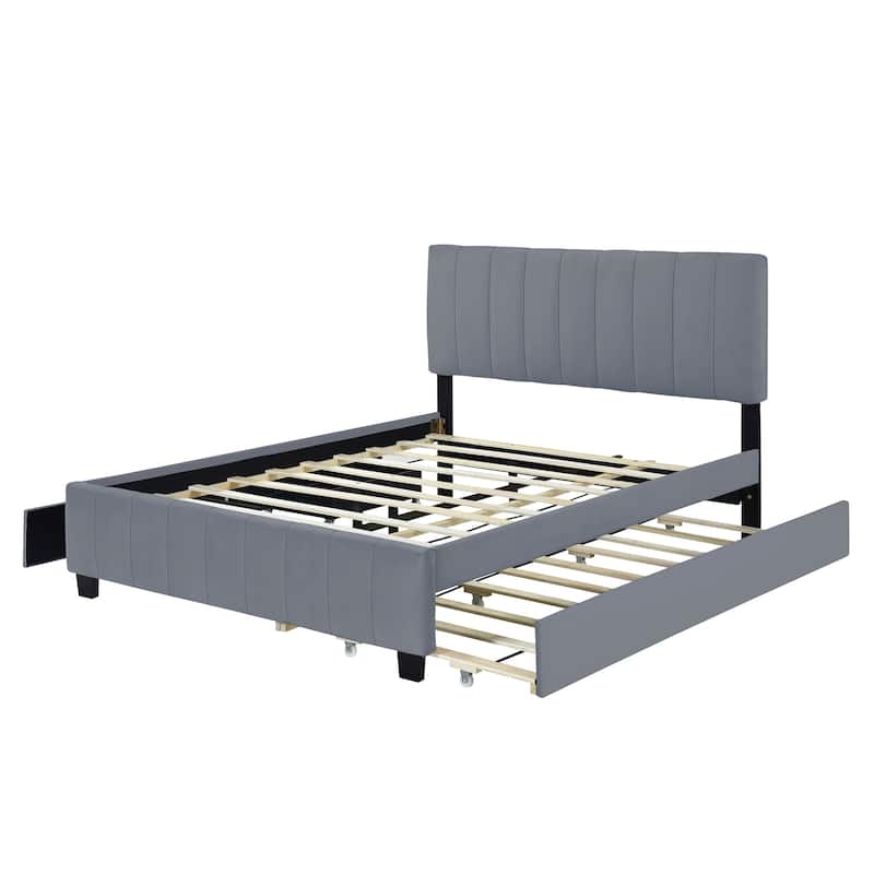 Queen Size Velvet Upholstered Platform Bed with Twin XL Trundle