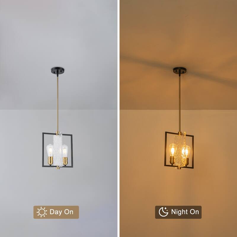 Matte Black & Brushed Gold Geometric Chandelier with Hammered Glass - Dia.11.02-in