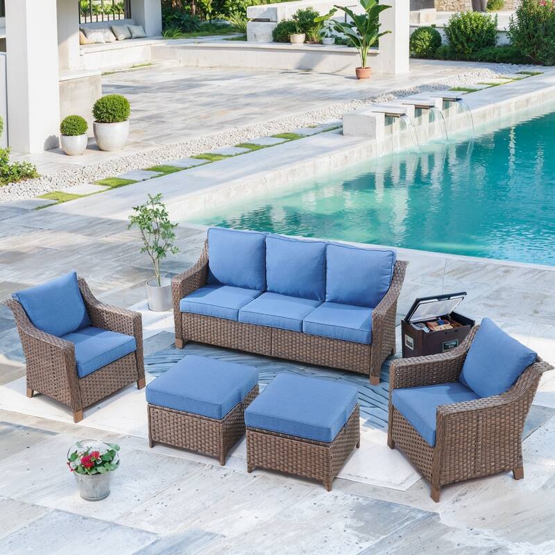 PE 3-Seat Sofa with Pation Chair & Ottoman - Blue - Brown