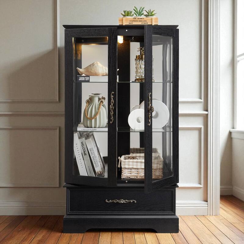 Lighted Glass Curio Cabinet with Adjustable Shelves, 2-Door Display Cabinet with Drawer and Built-in Bulb, Retro Accent Storage