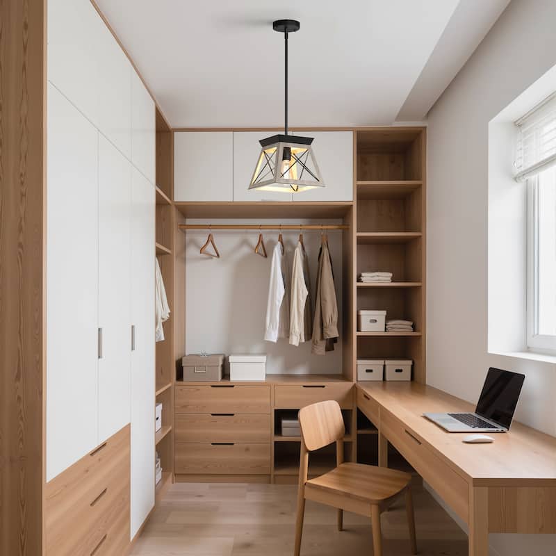 YANSUN Light Wood Industrial Pendant Light with Iron Rods, Adjustable Height