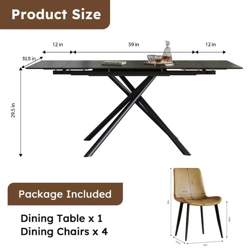 Retractable Sintered Stone Dining Table Set,with steel legs and a cross-leg structure at the bottom(Table + 4 Chairs)