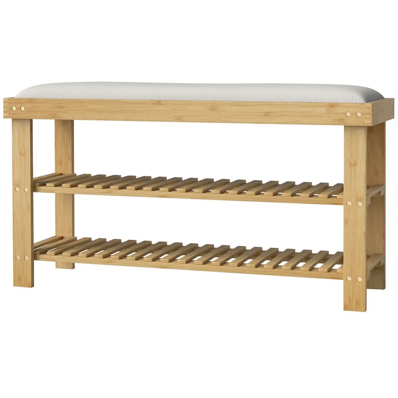 Cream White Two-Tier Wicker Shoe Storage Bench with Linen Cushion Seat for Entryway or Hallway - 35.4" W x 11.4" D x 19.3" H