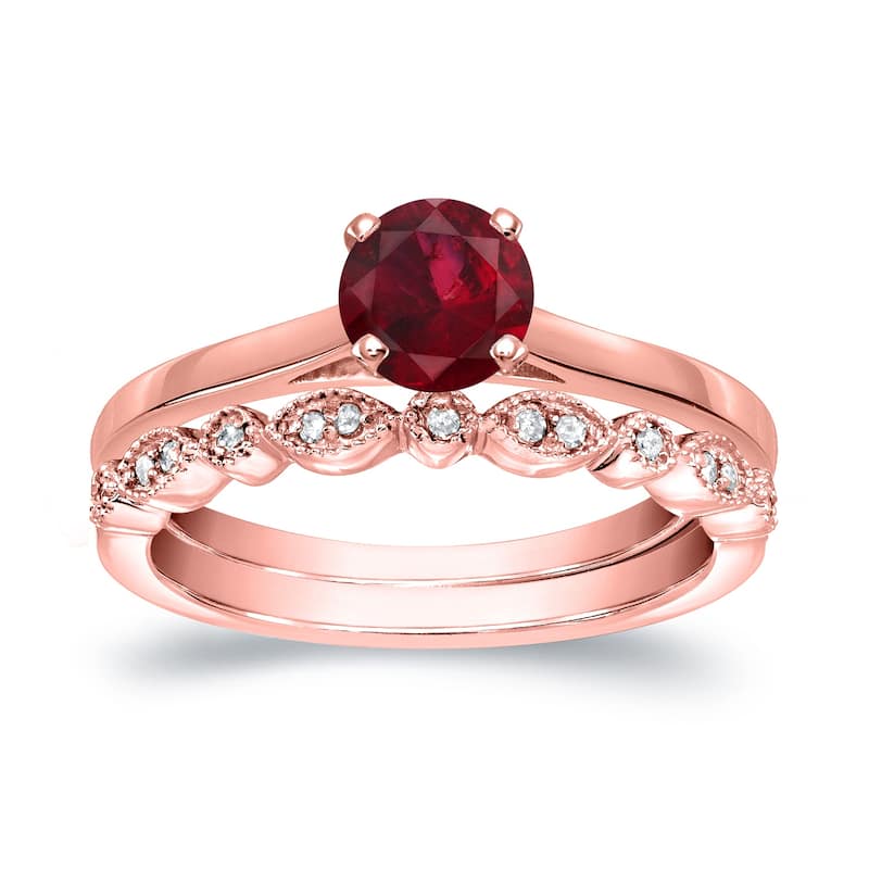 Auriya 14k Gold 1/2ctw Vintage Solitaire Ruby Engagement Ring Set 1/6ctw
