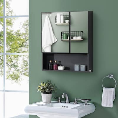 kleankin Wall-Mounted Medicine Cabinet, Bathroom Mirror Cabinet with Double Doors and Storage Shelves, Black