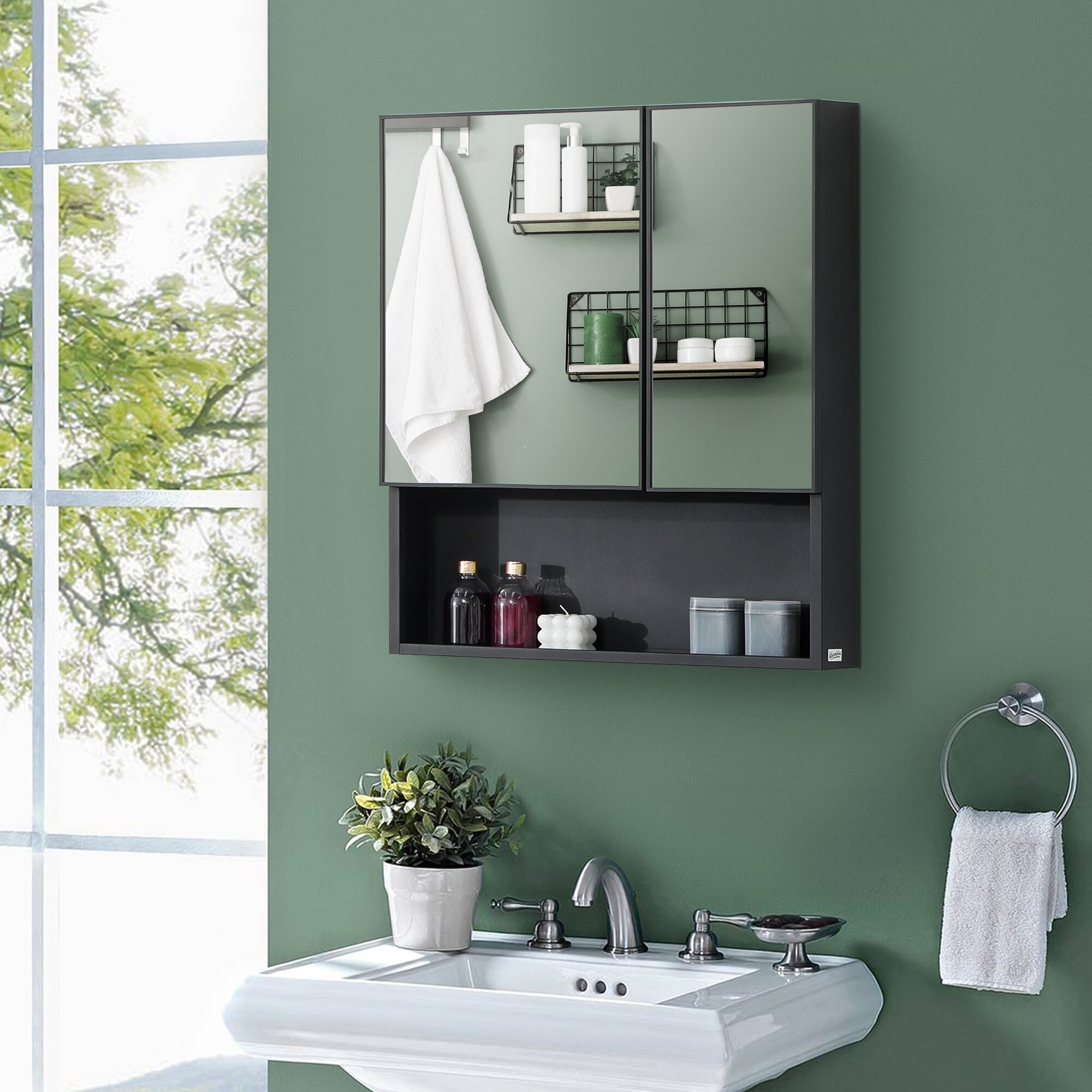 thumbnail image 2 of Kleankin Bathroom Wall-Mounted Mirror Cabinet With Double Door & Adjustable Shelves - White, 54cm X 15cm X 55cm, Modern 2 of 5