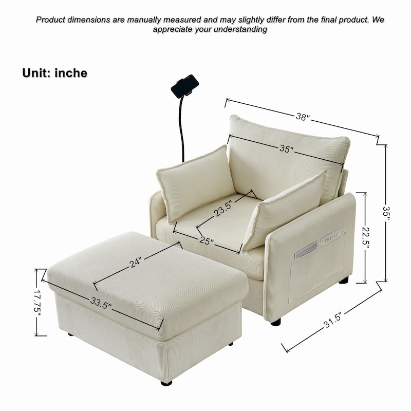 Corduroy Lounge Chaise with Ottoman, USB Charging and Hidden Storage