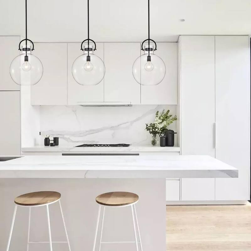 Matte Black 1-Light 14 Inch Globe Shaped Clear Glass Pendant