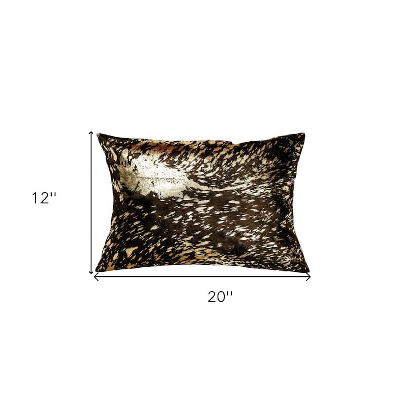 Set of Two 12" X 20" Chocolate and Gold Abstract Cowhide Lumbar Throw Pillows with Glitter