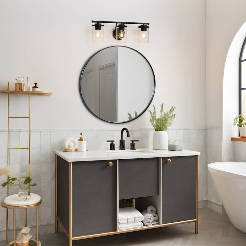 Modern Farmhouse 3-Light Black Bathroom Vanity Lights Glass Wall Sconces - W 21.6" x L 7.8" x H 6.7"