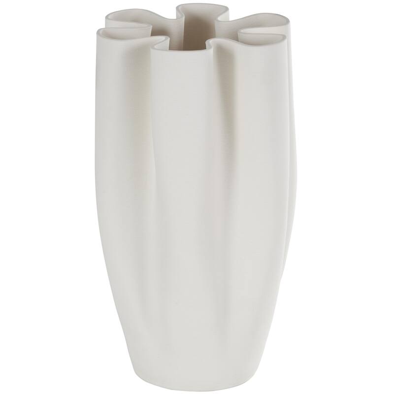 Ceramic Abstract Ribbed Dimensional Folded Decorative Vase with Floral Shaped Rim - White - Roche River Decor - White