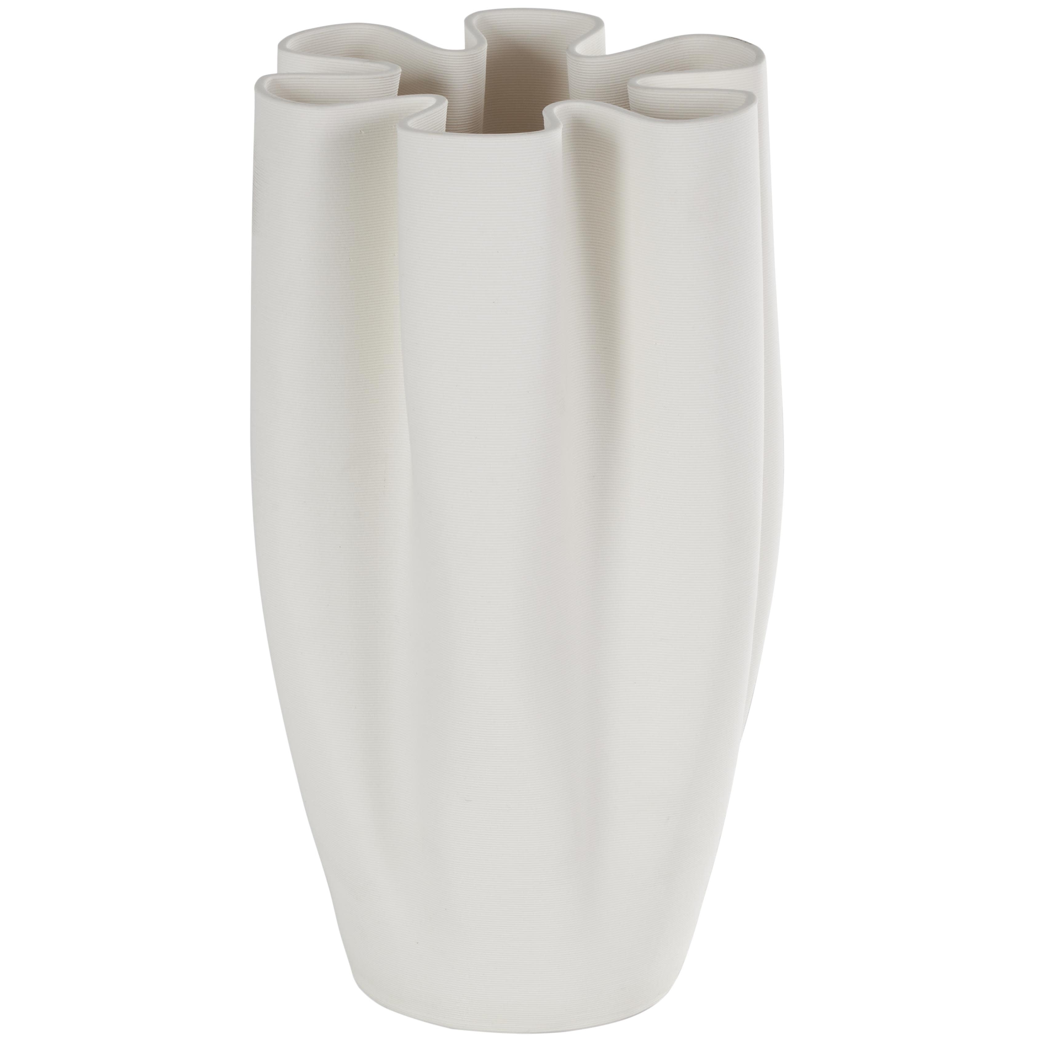 Ceramic Abstract Ribbed Dimensional Folded Decorative Vase with Floral Shaped Rim - White - Roche River Decor