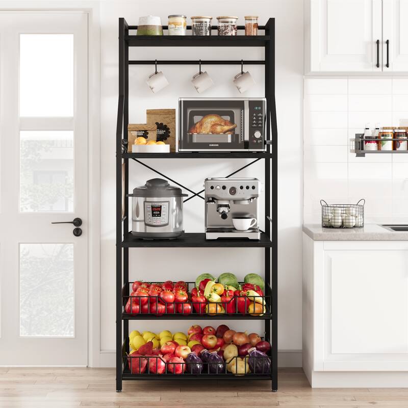 5-Tier Kitchen Bakers Rack Microwave Oven Stand with 2 Large Wire Basket - 15.7"D x 23.6"W x 50.7"H