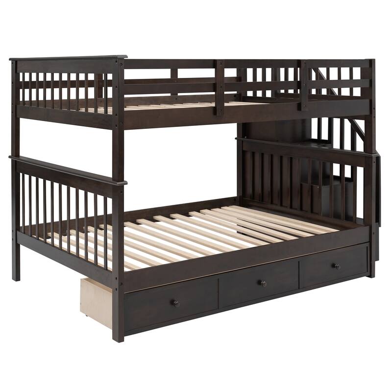 Wood Stairway Bunk Beds with 3 Under Bed Drawers, Storage Staircase and Guard Rail, Solid Wood Bedframe for Bedroom/Dorm