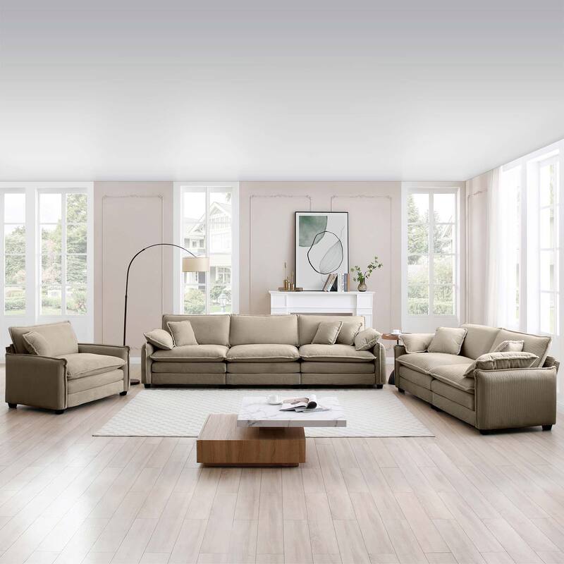 Modern 3 Piece Set Modular Sofa Set with Corduroy Upholstery and Memory Foam Cushions for Living Room or Guest Room - Tan