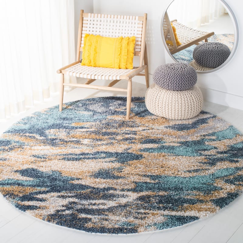 SAFAVIEH Calista Shag Azucena Abstract 1-inch Thick Rug - 6'7" Round - Blue/Grey