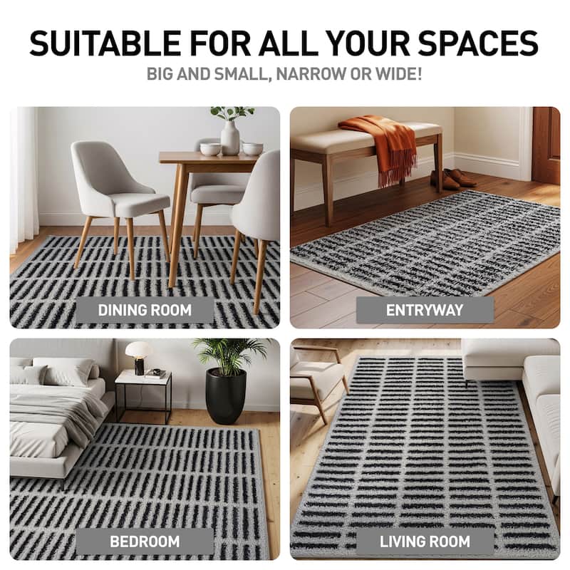 Bohemian Stripe Lines Shag Rug - Textured Surface - Anthracite Dark Gray - Easy to Clean