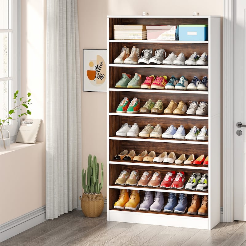 9 Tiers Tall Shoe Storage Rack Cabinet with Open Shelf for Entryway - White+Brown