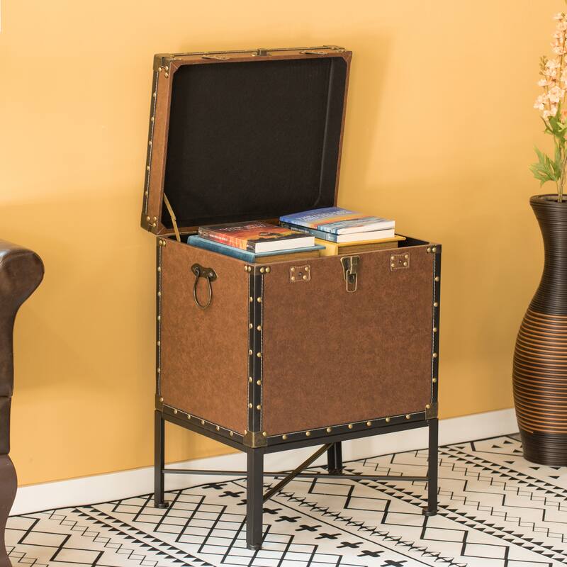 Trimmed Faux Leather Lockable Square Lined Storage Trunk, End Table on Metal Stand