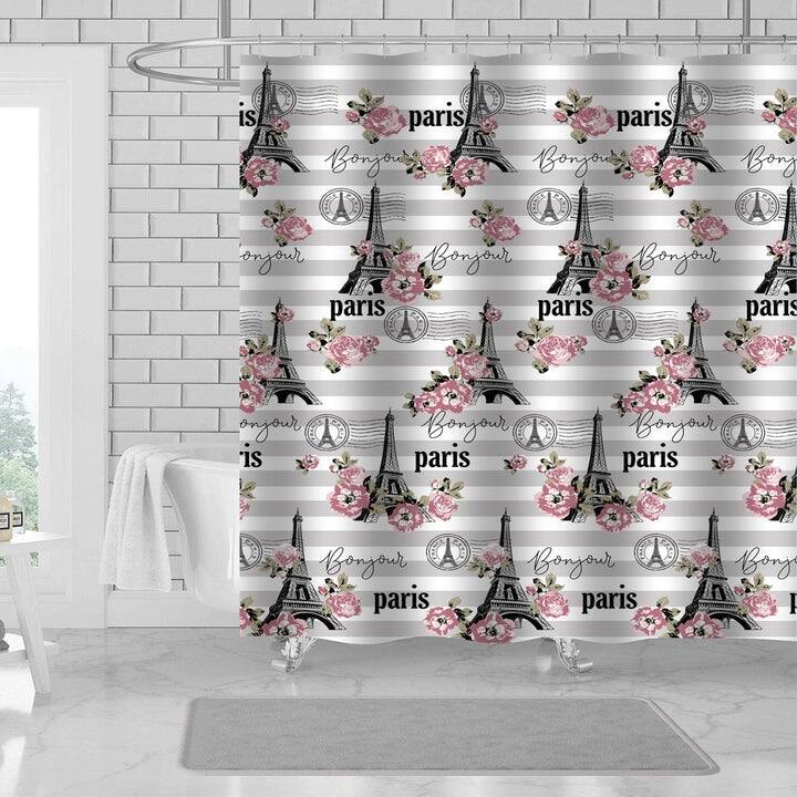 Avril 13-Piece Parisian Floral Canvas Shower Curtain with Hooks, White-Gray, 70x72 Inches - White-Gray - 70x72 Inches