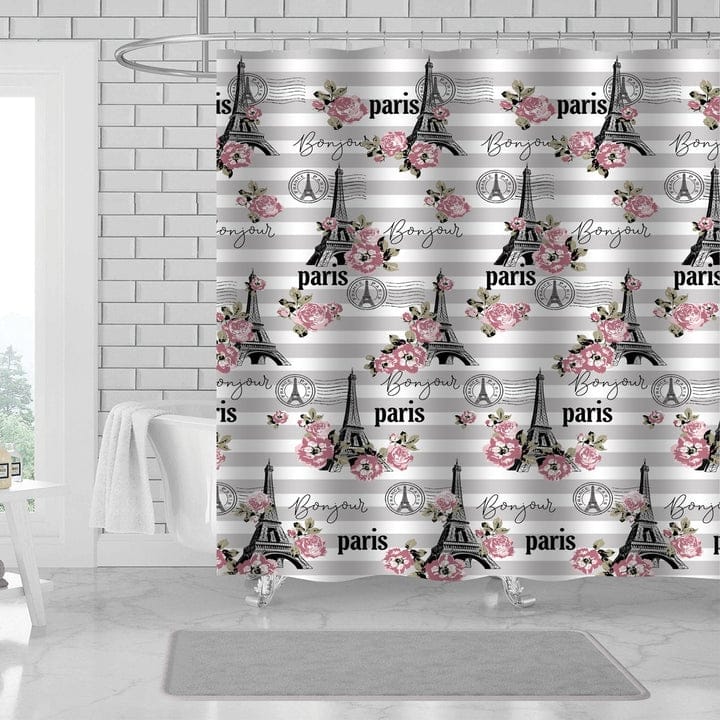 Avril 13-Piece Parisian Floral Canvas Shower Curtain with Hooks, White-Gray, 70x72 Inches - White-Gray