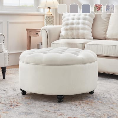Tufted Large Round Storage Ottoman Footrest Beige/ Grey/ Blue