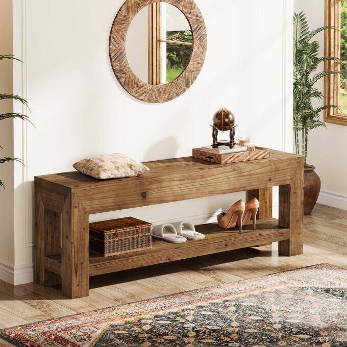 47.24" Solid Wood Shoe Bench for Hallway, Living Room, Bedroom