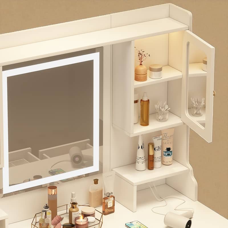 Large Vanity Table Set with Mirror, 6 Drawers, Shelves & Storage, Modern Makeup Dressing Desk with Golden Handles