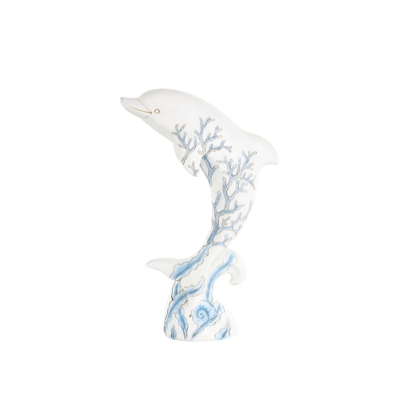 White Polystone Curved Dolphin Decorative Sculpture with Blue Coral Patterns