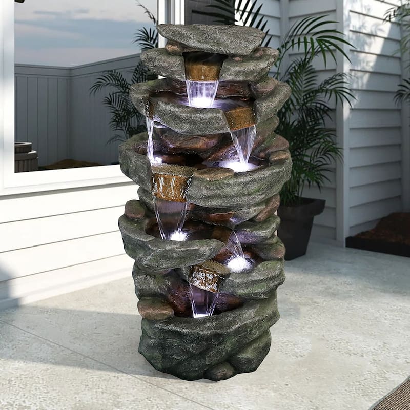 40.55'' Modern Rock Water Fountain Outdoor Waterfall with Lights