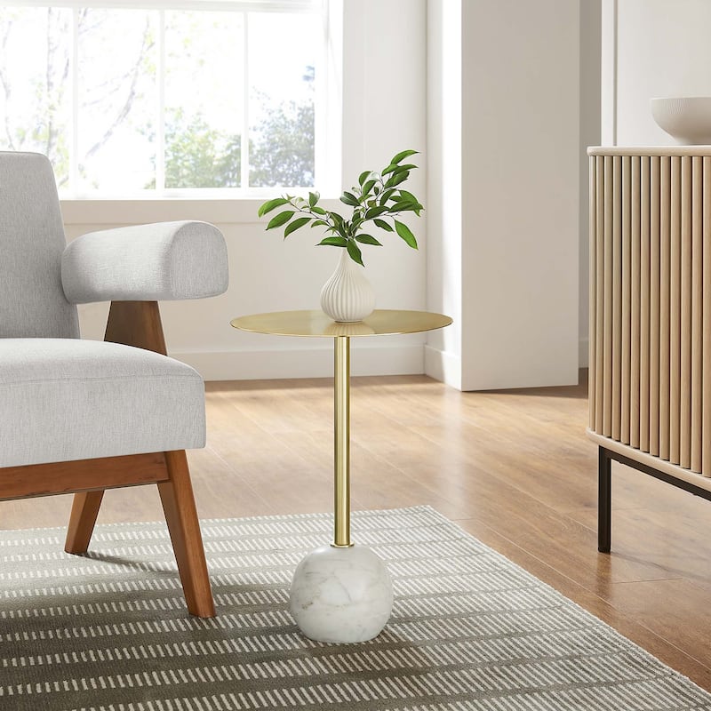 Aliza Round White Marble Side Table with White Marble Base - Brass top - Metal