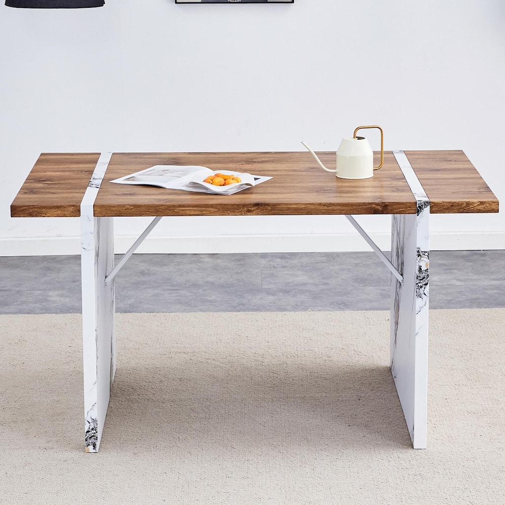 55" Wood Grain Dining Table - White Marble Legs, Stable - Natural