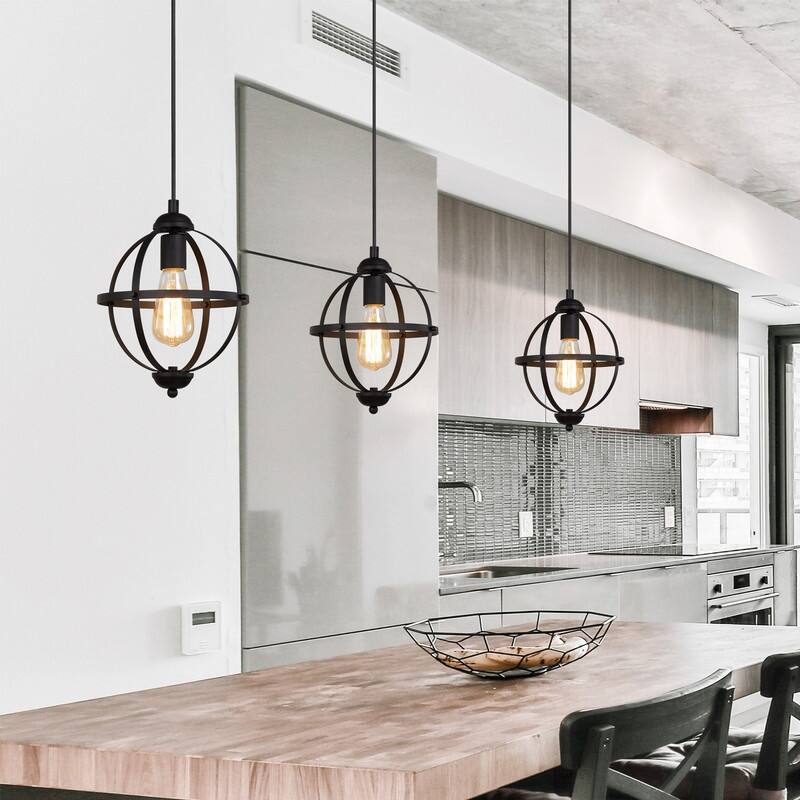 Modern Farmhouse Black 1-Light Globe Pendant Transitional Metal Island Light for Dining Room - 9.4'' L x 9.4'' W x 12.2'' H