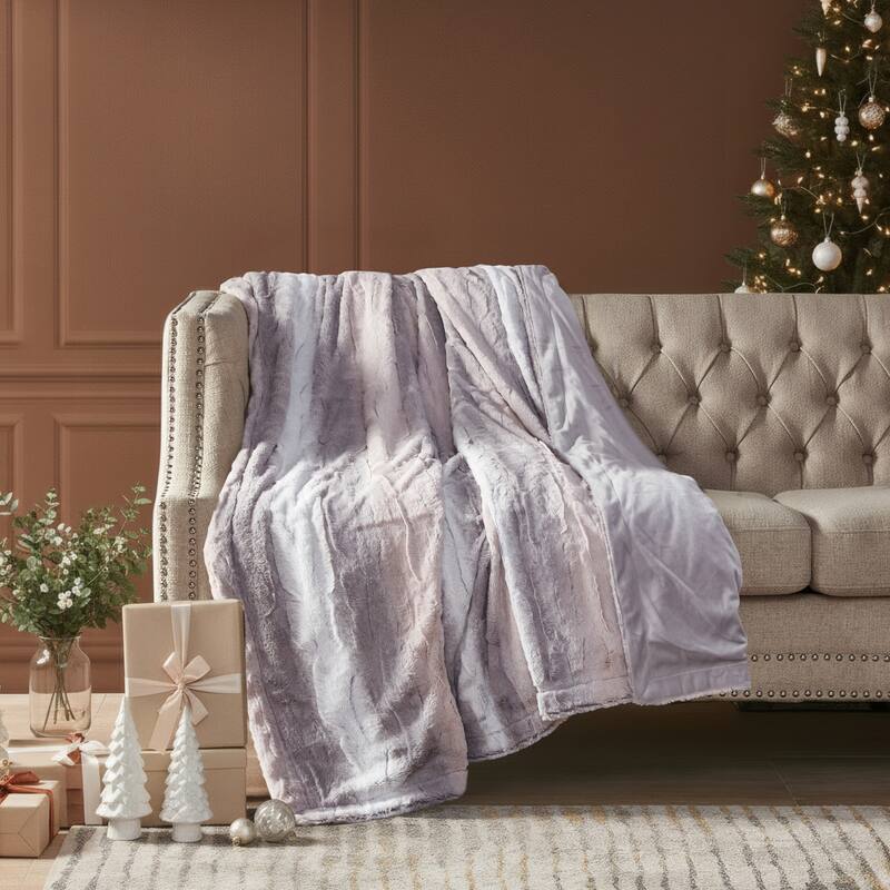 Madison Park Zuri Faux Fur Blanket - 90x90" - Blush/Grey