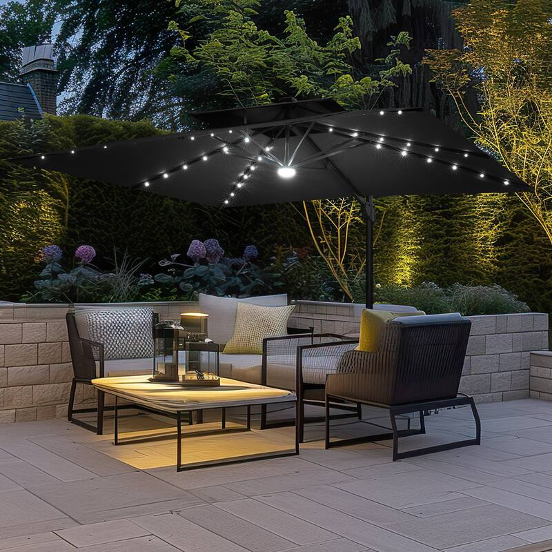 9 x 11 FT Outdoor Double Top LED Lighted Patio Cantilever Umbrella with Base Stand