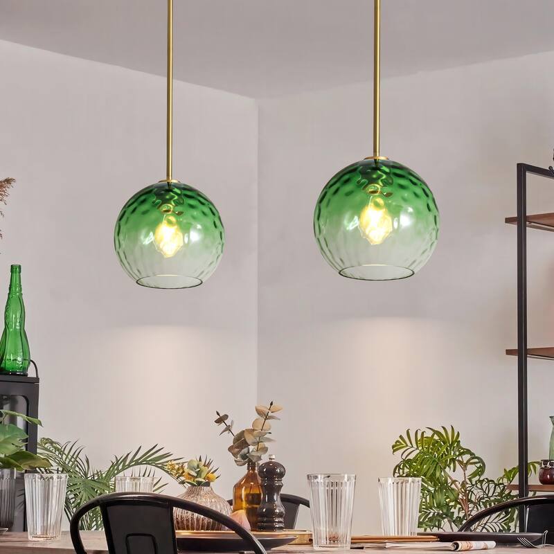 1-Light Modern Gold/Black Metal Hanging Pendant with Green Hammer Textured Glass Shade for Kitchen Island, Living room
